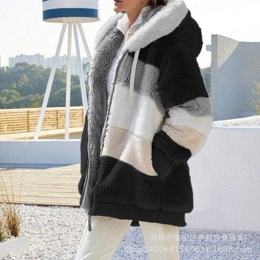 flowersverse Autumn Winter Plush Coat Loose Long  Sleeve Color Matching Hooded Z Zipper Coat Women