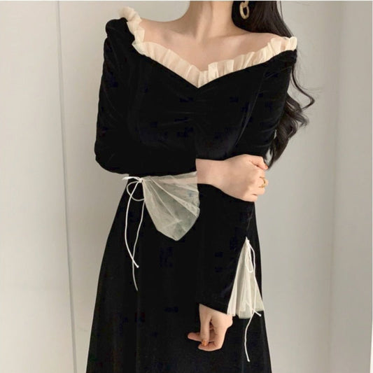 flowersverse Antumn Winter Evening Party Midi Dresses Women Black Korean Fashion Elegant Vintage Dress Ruffle Long Sleeve One-piece Dress New K103