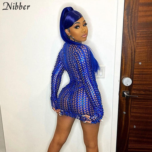 Fashion Weave Cross Hollow Shining See-through Mini Dresses   Backless Ruched Club Long Sleeve Mesh Dress Summer  -0519