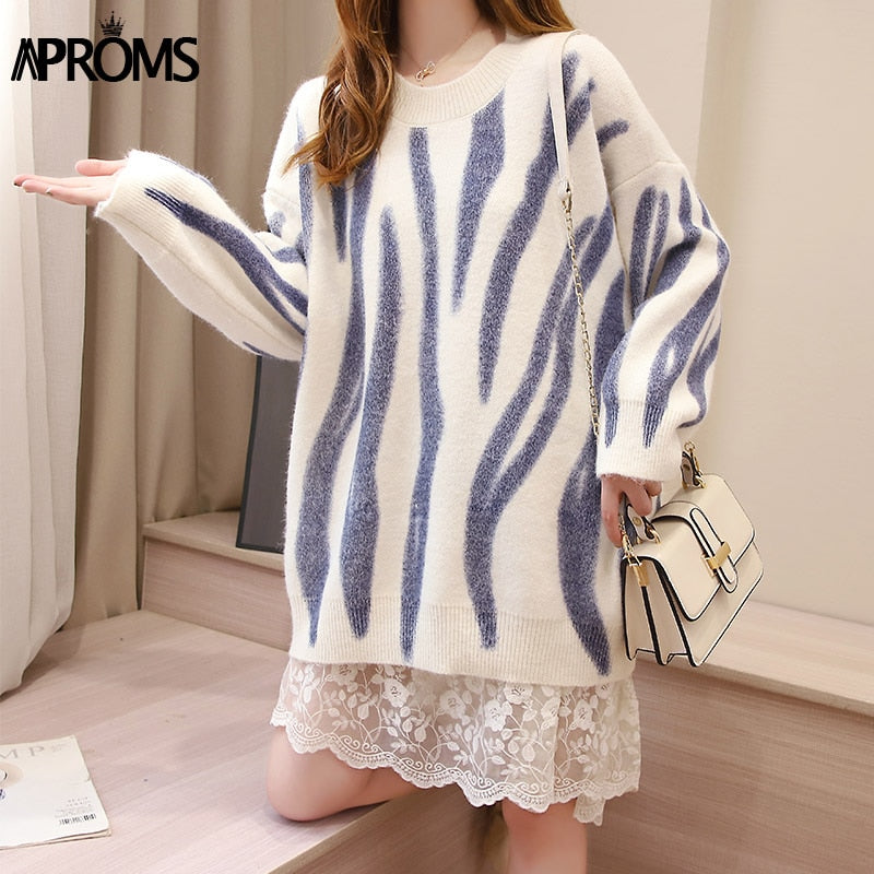 flowersverse Aproms Korean Fashion Khaki Stripes Print Loose Sweaters Women Winter Hip-Pop Oversized Long Pullovers Streetwear Outerwear  K23