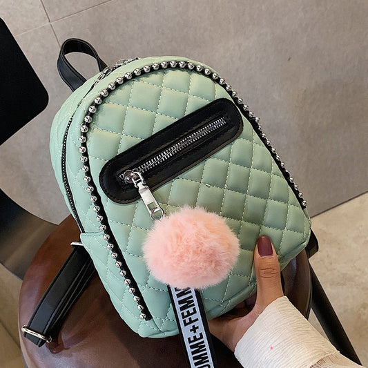 flowersverse Back to school  Hairball Tassel Women Backpack Small Diamond Pattern School Bag Backpacks For Girls Teenagers Braided Chain Students Rucksack