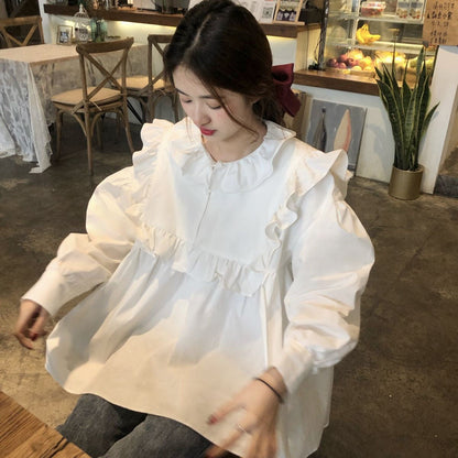 flowersverse Blouses Women French Vintage Peter Pan Collar Design Tender Japanese Style Full Sleeve Edible Tree Fungus Girlish Fashion Spring