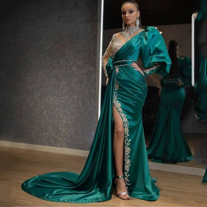 flowersverse Evening Party Dress Women Elegant Beading Side Split Satin Lantern Sleeve Green Wedding Prom Gown Long Maxi Dresses