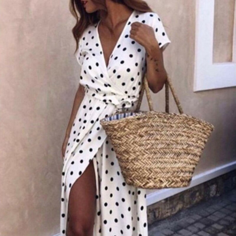 Back to school flowersverse  Women Bohemian Dots Printed Party Dress Short Sleeve V Neck Casual Dress  Ummer Fashion Split Women Long Dress