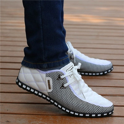 flowersverse Men PU Leather Shoes Men's Casual Shoes Breathable Light Weight White Sneakers Driving Shoes Pointed Toe Business Men Shoes