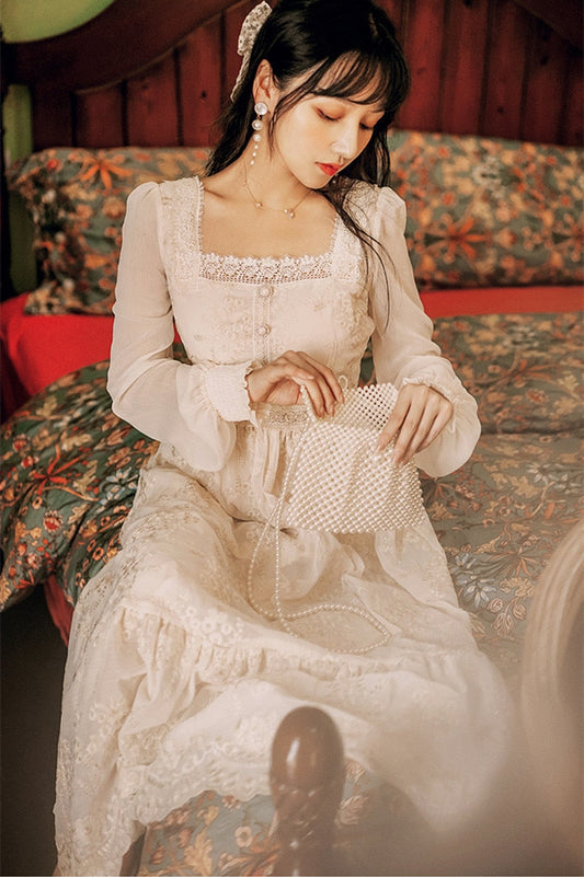 flowersverse Back to school outfit 2 Colors Lace Embroidery Fairy Dress Women Retro French Style Square Collar Petal Sleeve Vintage Princess Dresses Vestido Festa