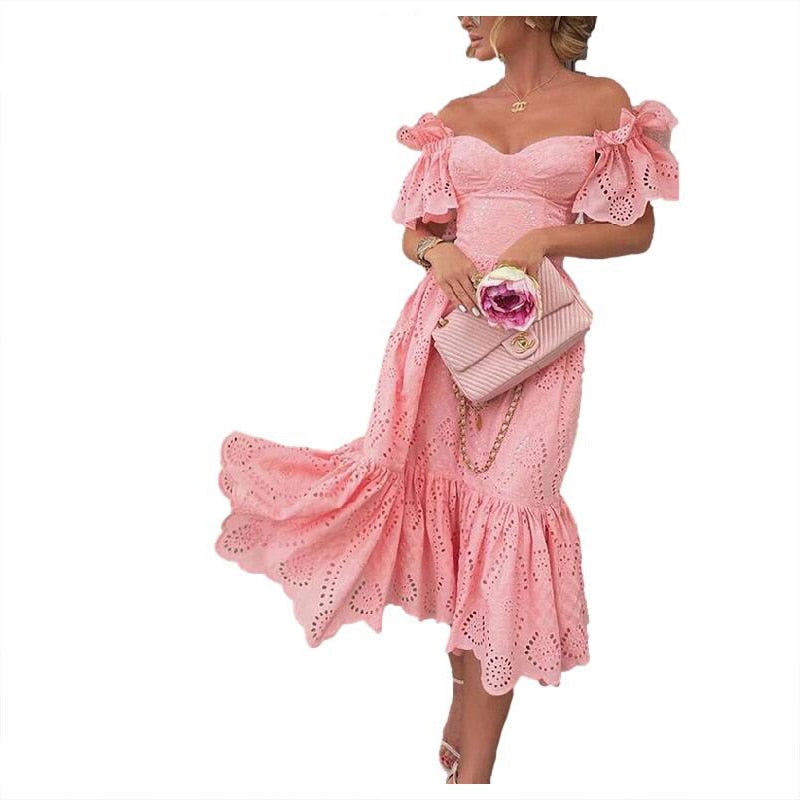 Graduation Gift Big Sale Women   Hollow Out Solid Ruffles Dress Summer Loose Lace Patchwork Casual Dress Elegant Strapless Party Dresses Vestidos