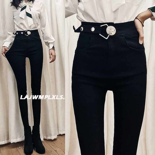 flowersverse Autumn Spring New Black leggings Casual Elastic High Waist stretch feet pants women's Metal Buttons was thin Pencil Pants