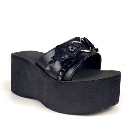 flowersverse Summer  Double Strap Buckles  Platform Wedges Fashion Goth Slippers Hot Women's Matal  Sandal For Comfy  Black Shoes