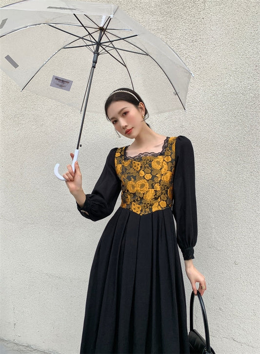 flowersverse Back to school Korean Fashion Black Dress Woman Streetwear Women Modern Vintage Print Floral Patchwork Dresses For Party Night Vestido Negro