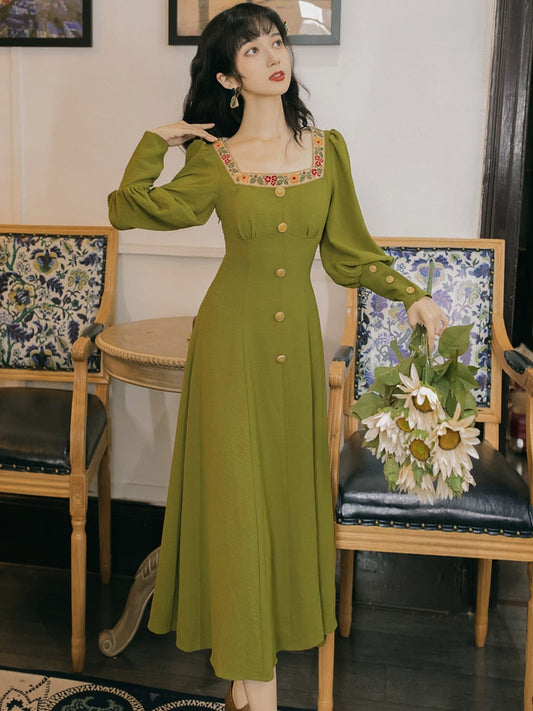 flowersverse Back to school outfit  Women Vintage Green Dress Spring Retro Embroidery Square Collar Lantern Sleeve Slim Lady Long Dresses Dinner Party Night