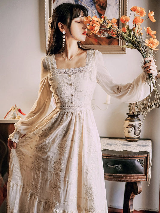 flowersverse Back to school outfit 2 Colors Lace Embroidery Fairy Dress Women Retro French Style Square Collar Petal Sleeve Vintage Princess Dresses Vestido Festa