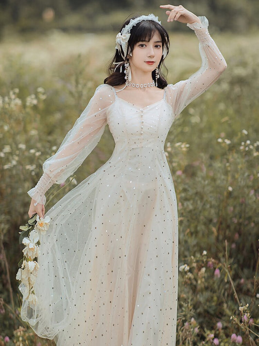 flowersverse Back to school Romantic Mesh Lace Fairy Dress Women Vintage Star Sequins Lantern Sleeve Soft Elegant Lady Midi Dresses Vestido Festa Ropa Mujer