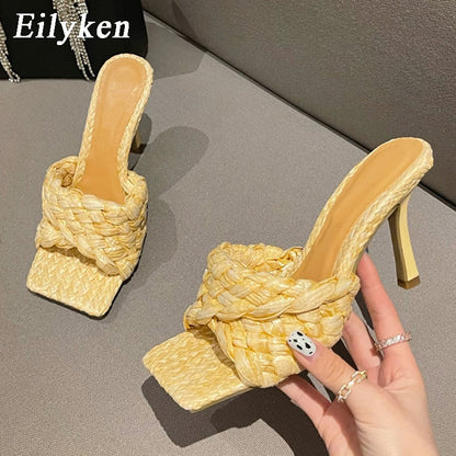 flowersverse  New Summer Design Weave Square Toe Heels High Quality Slippers Gladiator Beach Womens Sandal Slides Shoes