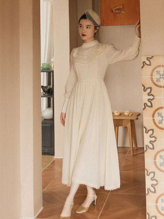 flowersverse Apricot Gentle Sweet Princess Dress Fall Lace Stitching Stand-Up Collar Ruffle Puff Sleeve Vestido Femme French Retro Midi Dress