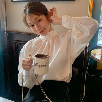 flowersverse Back to school outfit Women Shirt  Spring Autumn Korean Chic Ladies Minimalist Stand-Up Collar Back Single-Breasted Lantern Sleeve Blouse