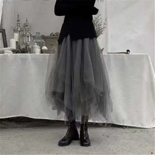 flowersverse Back to college outfits Gothic Gray Tulle Long Irregular Pleated Skirts Elastic High Waist A-Line Mesh Midi Skirts Vintage Punk Streetwear Streetwear fx0615