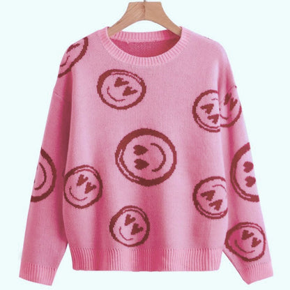 flowersverse Autumn Winter Pink Smiley Face Sweater Women's Knitted Round Neck  Tops Female Korean Loose Oversized Short Bottoming Sweaters