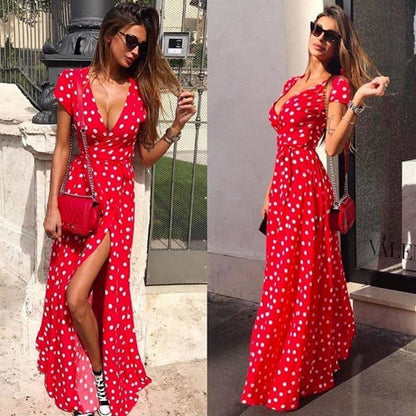 Back to school flowersverse  Women Bohemian Dots Printed Party Dress Short Sleeve V Neck Casual Dress  Ummer Fashion Split Women Long Dress