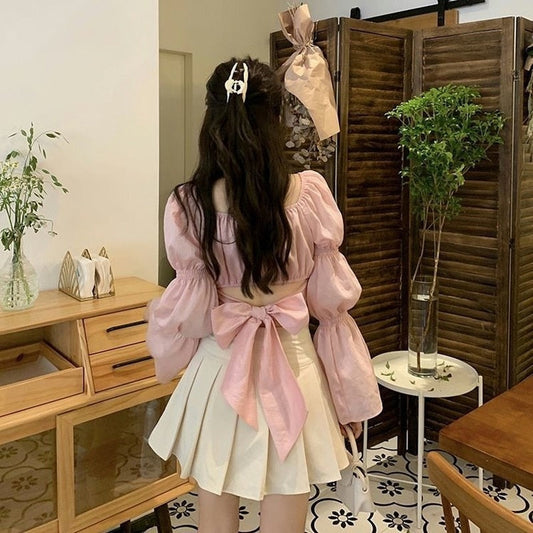 flowersverse Back Puff Sleeve Shirts Women Autumn French Bow Bandage Blouses  New Black Pink Square Neck Cropped Tops Female