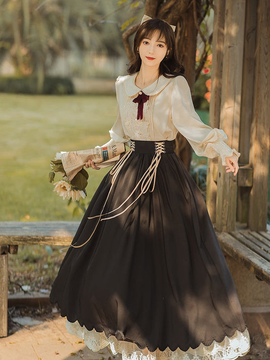 flowersverse Back to school  Vintage French Style Women Outfits Cute Bow Peter Pan Collar Shirt Tops & Bandage Lace Elastic Skirt Elegant Lady 2 Piece Sets