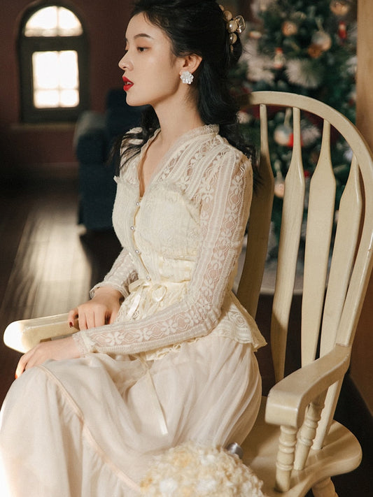 flowersverse Back to school outfit  Elegant Vintage Style Outfits Korean Fahion Long Sleeve V-Neck Lace Shirt Tops Blouse & Mesh Midi Skirt 2 Piece Set Women Suits