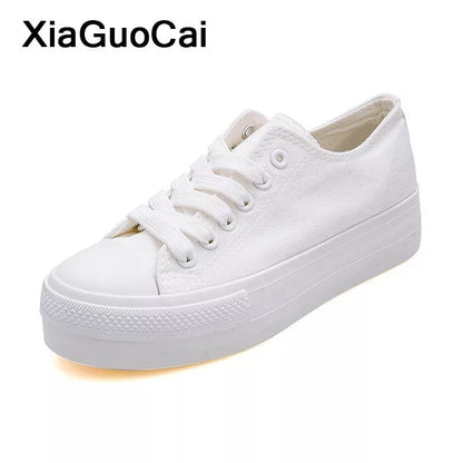 flowersverse-White Woman Casual Shoes  Spring Autumn Female Canvas Shoes Thick Bottom Lace Up Ladies Flats Fashion High Quality Footwear