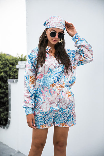 flowersverse 2Pcs Beach Styles Satin Sets Women Fashion Scenery Pattern Button-Down Shirts And Shorts  New Summer Casual Sets