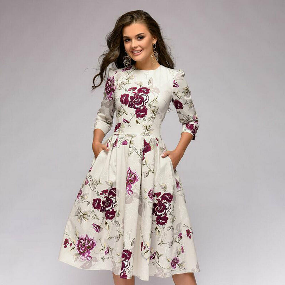 flowersverse Vintage Pleated Tunic Print Dress Women Elegant Ladies A Line Dresses Long Sleeve Female Autumn Mixi Party Dress Vestidos