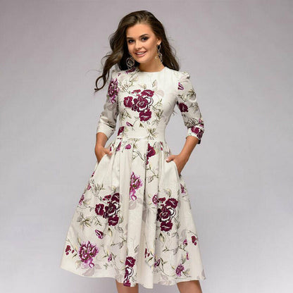 flowersverse Vintage Pleated Tunic Print Dress Women Elegant Ladies A Line Dresses Long Sleeve Female Autumn Mixi Party Dress Vestidos