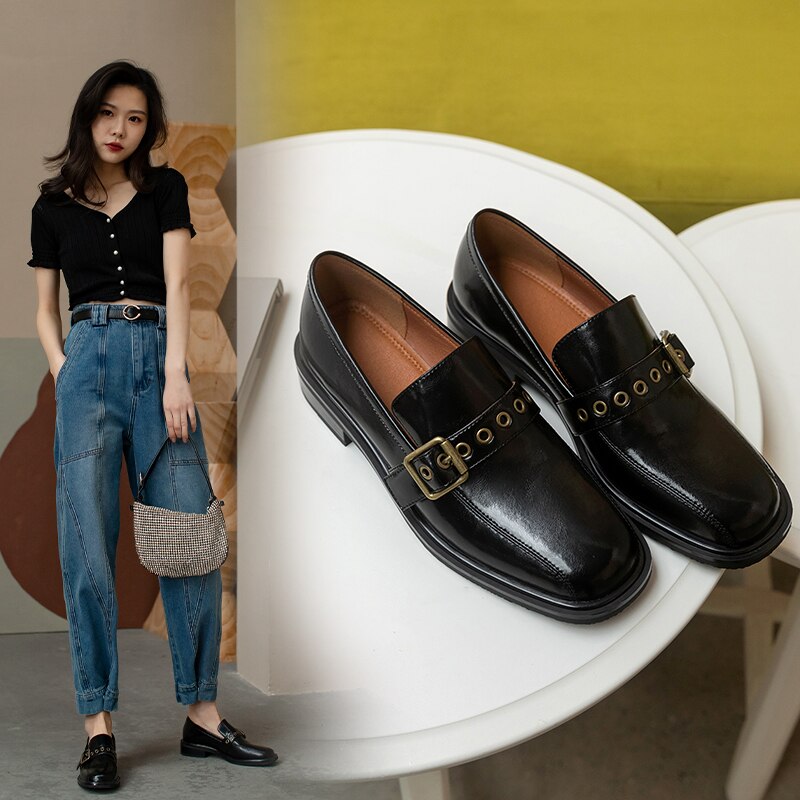 flowersverse spring new pumps Women's shoes 22-25cm natural leather Square toe metal buckle Women heels black shoes heels for women