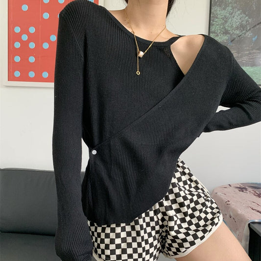flowersverse Back to school outfit Woman Chic Knitting Pullover  Autumn New Korea Gentle Style Long Sleeve Thin Female Fake Two Piece Off Shoulder Top