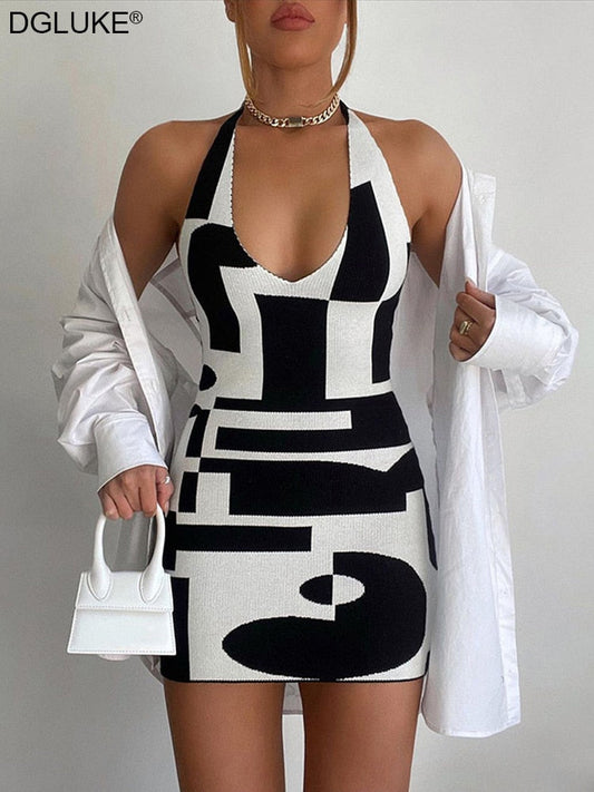 flowersverse Geometric Print Short Summer Dresses Woman   Backless Halter Bodycon Dress   Beach Party Mini Dress Green Club  Outfits