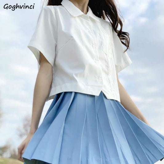 flowersverse Blouses Women Shirts Short Sleeve Crop-Top School Uniform Jk Kawaii Fresh Girls Solid Pleated Elegant Preppy Style All-Match New