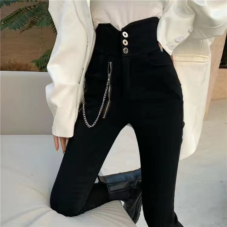 flowersverse Autumn Spring New Black leggings Casual Elastic High Waist stretch feet pants women's Metal Buttons was thin Pencil Pants