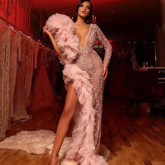 flowersverse Evening Party Dresses Women Elegant   V Neck Sequined Ruffles Patchwork High Slit Long Maxi Dresses Prom Wedding Pink Dress