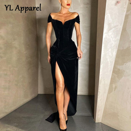 Graduation Gift Big Sale  2022 Spring Summer Short Sleeve High Split Formal Evening Dress Women Solid Black Red Bodycon Long Maxi Party Cocktail Dresses