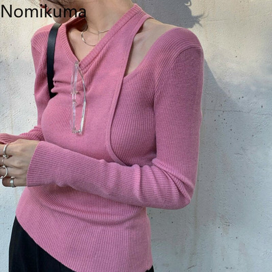 flowersverse Backless Slim Sweater Women Solid Color Hollow Out Long Sleeve O Neck Pullover Fake Two Piece Casual Korean Pull Femme