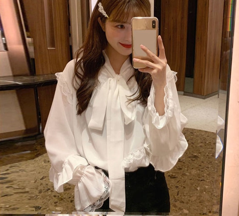 flowersverse Back to school outfit Elegant Lace Up Bow Collar Solid Blouse Women Lace Patchwork Flare Long Sleeve Loose Blusas Ol Shirt Spring New