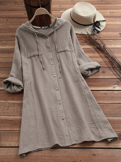 flowersverse 5XL Spring Autumn Clothes Women Casual Cotton Linen Loose Dress Plus Size Crop V Neck Button Long Sleeve Cardigan Dresses Brown