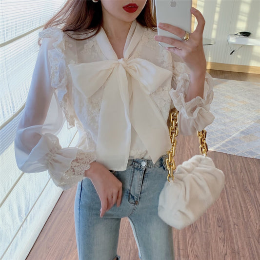 flowersverse Back to school outfit Women Shirt  Spring Autumn French Retro Palace Style Temperament Ladies Sweet Bowknot Tie Flared Sleeve Lace Blouse