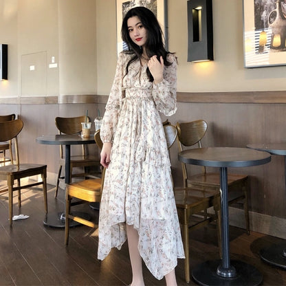 flowersverse Bella Philosophy Clothing Dresses Vestidos Print Korean Style Fashion New Long Sleeve Autumn Chiffon Pink Women