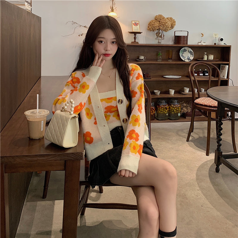 flowersverse Autumn Floral Sweet Knitting Sweater Coat Female Korean Holiday Casual Sweater Tops Sexy Two Piece Suit Knitting Tops