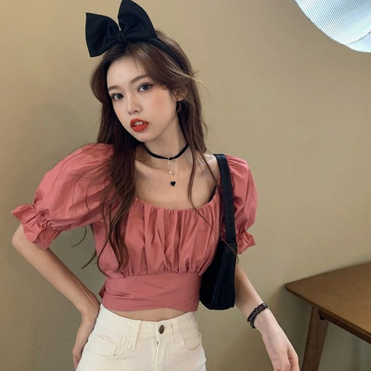 flowersverse Blouses Women Summer Puff-Sleeve Crop-Top Backless Sexy Club Pleated Solid Elegant Sweet Girls Bow Lace-Up Korean Style Blusas