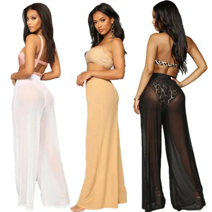 flowersverse-Hot Sale Sexy Women Long Mesh Sheer Pants Beachwear See-Through High Wasit Swimsuit Trunks Loose Pant Wide Leg Trousers