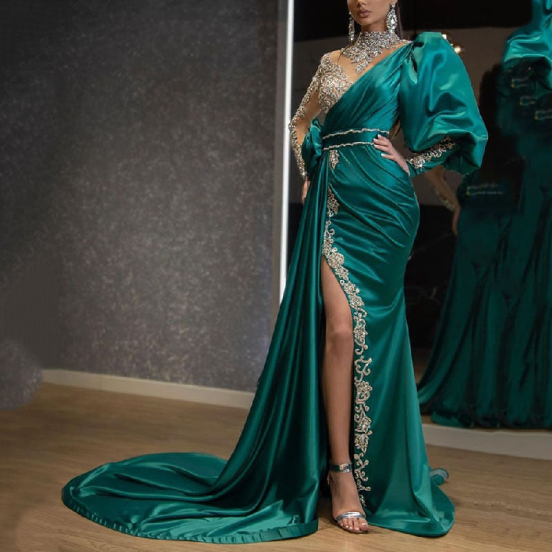 flowersverse Evening Party Dress Women Elegant Beading Side Split Satin Lantern Sleeve Green Wedding Prom Gown Long Maxi Dresses