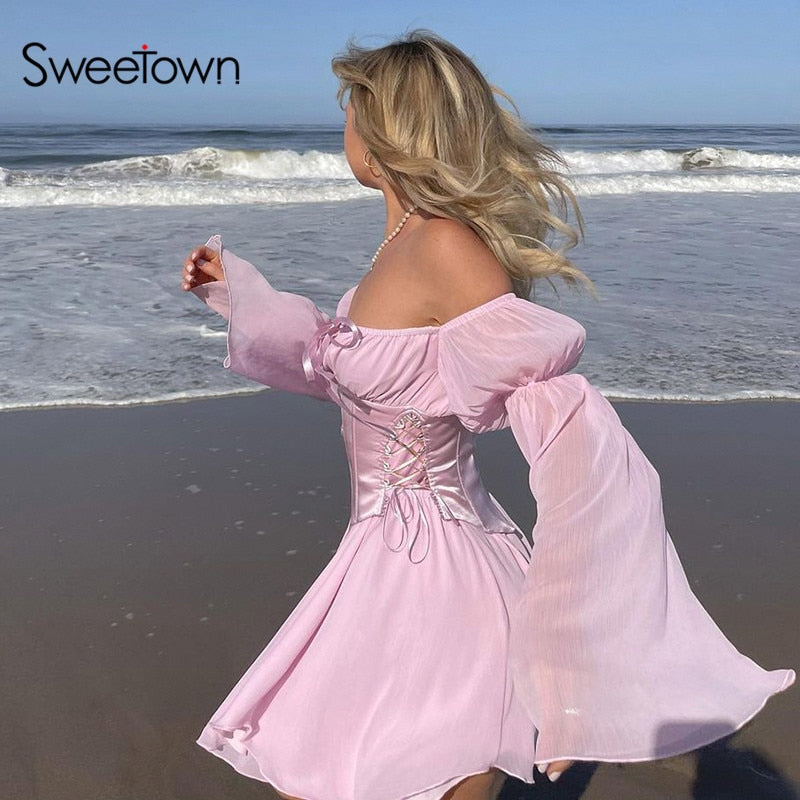 Sweetown Pink Chiffon Corset Dresses Women French Style Long Sleeve Boho Dress Ladies Slash Neck Elegant Beach Dress Robe Femme