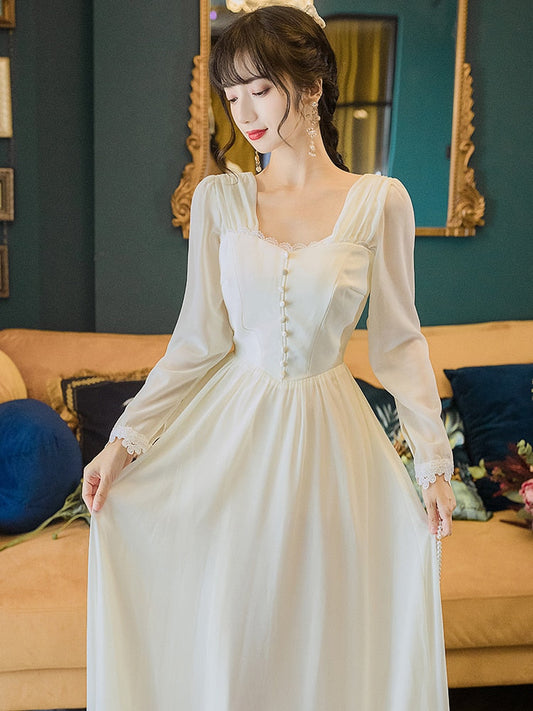 flowersverse Back to school Beige Long Dress For Women Vintage Beading Square Collar With Lace Fairy Princess Dresses Elegant Lady Robe Vestido Branco