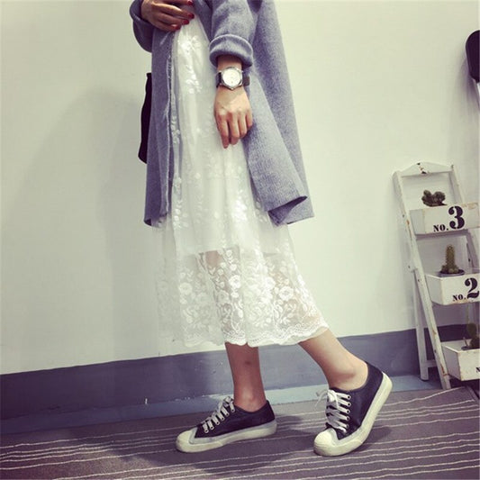 flowersverse Back to school  Women Lace Tank Dress Black & White Color Embroidery Basic Underdress Lady Large Size Loose Casual Elastic Vestido Ropa Mujer