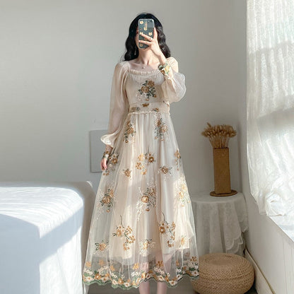 flowersverse Back to school outfit Vintage Mesh Fairy Dress Retro Embroidery Floral Petal Sleeve Ruffles Collar Casual Dresses For Party Night Vestido Festa